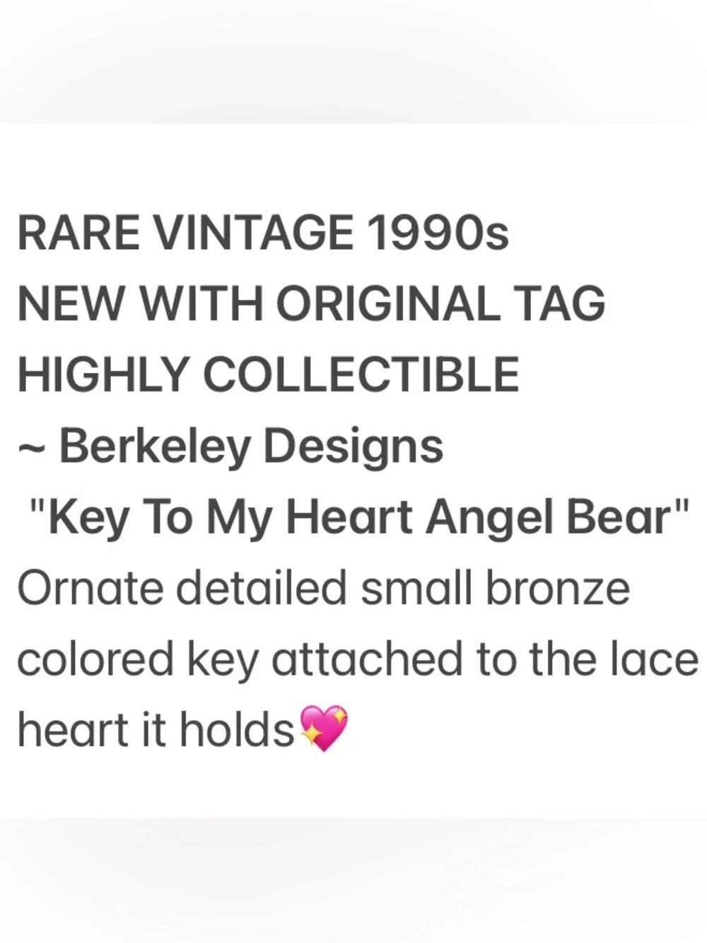 Vintage Angel Bear “Key To My Heart Berkeley Designs Original Home Vintage 90s